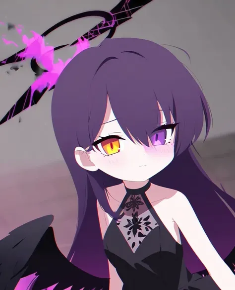 Make a girl with purple hair, black angel halo, heterochromic eyes, black angel wings, Vkei style, purple fire. Fallen angel.