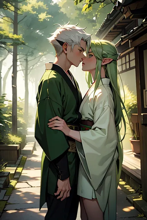 Picture an 18 year old boy with white hair and green eyes wearing a white and green kimono kissing a 21 year old elf girl with green hair and green eyes wearing an archer outfit with black shorts in front of a Japanese house surrounded by a forest of dark ...