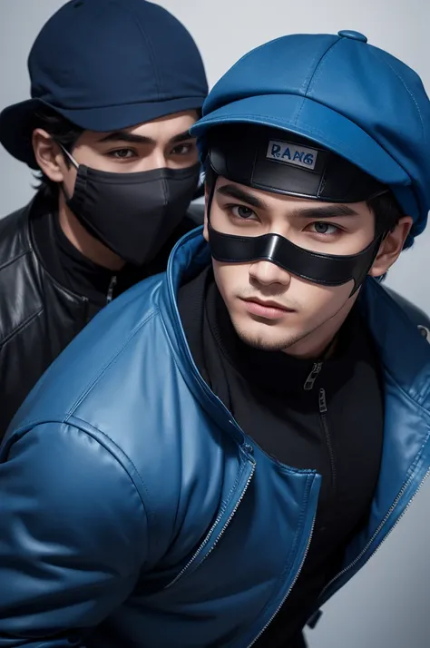 A male character in a blue jacket and a blue cap with a black mask 