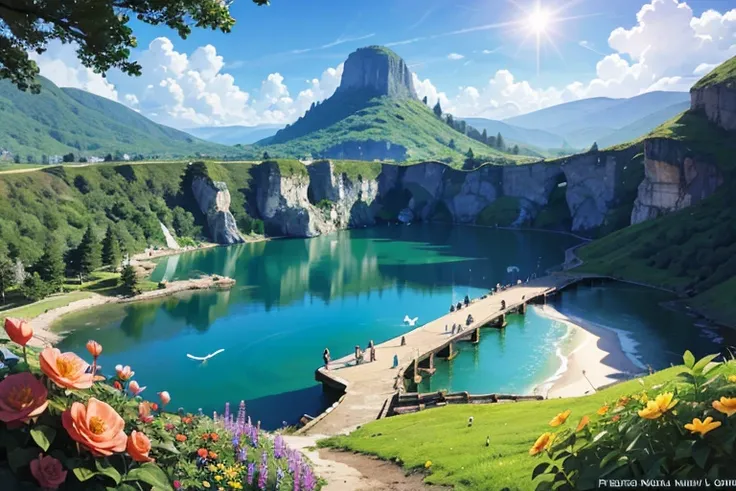 (island), 孤island, Fantasy art, Lost, Paradise, Lush, Giant plant, waterfall, Emerald Lake, Flower Field, butterfly, Birds chirping, Light of the sun, rainbow, Crystal clear water