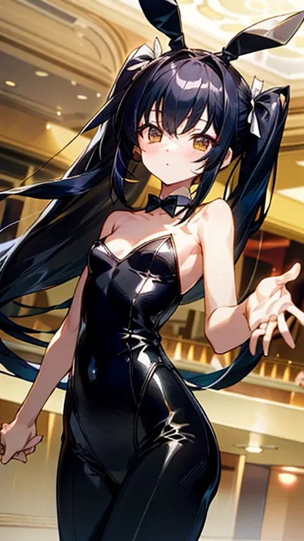 a cute girl wearing a black bunny girl costume and a long black hair twin tail five fingers highest quality images (skinny,skinn...