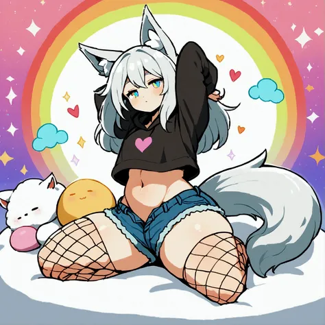 a cute adult male with wolf ears, long white hair, long locks, has a wolf tail, wearing a loose cropped black hoodie, wearing a ...