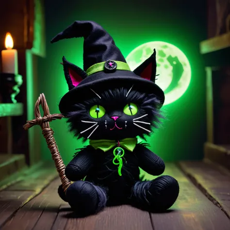 (knitted toy voodoo doll:1.7), (Voodoo Black Cat:1.3), (Clothing: sleek black fur with glowing green eyes:1.0), (Accessories: enchanted witchs hat, glowing crescent moon charm, mystical broomstick:1.2), (background: dark alley with floating, glowing eyes a...