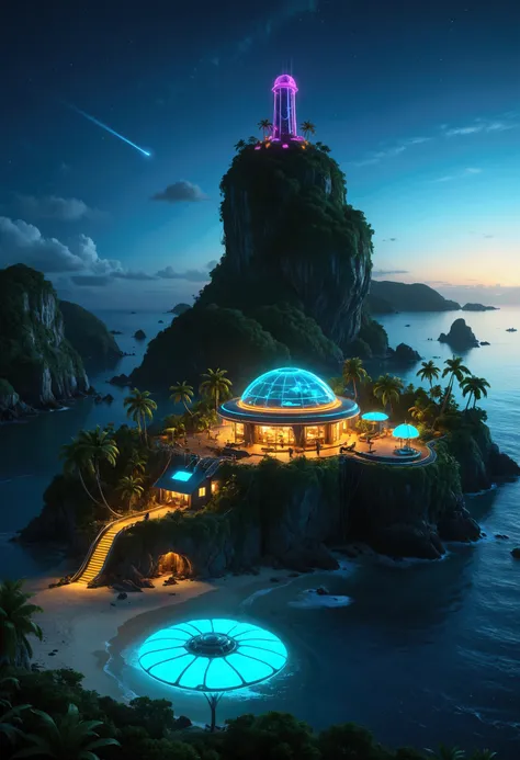 a tropical island, neon glow, bio-mechanical animals, bioluminescent fruits, island at night, coastal view, cinematic lighting, vibrant colors, futuristic, concept art, ultra-detailed, 8k, photorealistic, professional, masterpiece
