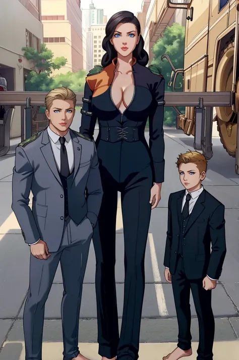 Tall wife in the middle, short husband in the left, short son in the right, beautiful faces, wife is wearing suit and pants, wife has big , wife is showing cleavage, wife is ripped, wifes suit has a belly button cutout, wife has ripped visible abs, make th...