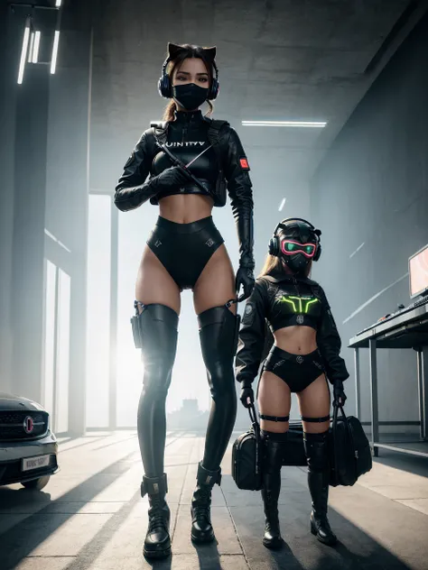 ((high quality)), ((masterpiece)), 8k, 2girls, cars, light rays, extremely detailed CG unity 8k wallpaper, cg game, looking at viewer, gloves, boots, full body, watch , computer, mask, drone, holding gun, headphones, jacket, bag, backpack, cameltoe, neon