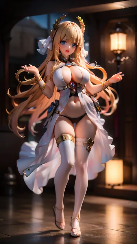 Open mouth, A MILF,Shiny body, Shiny skin, ,Huge breasts ,Shiny skin,BTPT-FC,,full body,blonde hair,,standing,large breasts, cleavage, looking at the audience,.blue eyes, thighhighs, open mouth, laurel crown, turret, black thighhighs, cleavage, smile, huge...