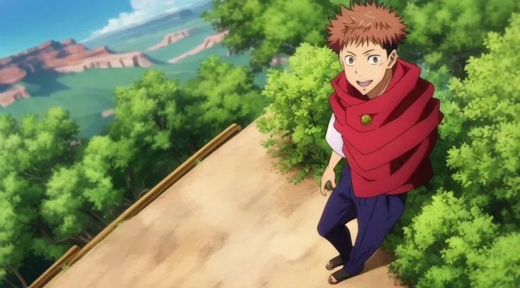 score_9, score_8_up, score_7_up, source_anime, rating_safe, , (photorealistic:0.6), looking at viewer, depth of field, 1boy, solo, male focus, itadori_yuuji, jujutsu kaisen,, brown hair, brown eyes, from above, full body, grand canyon, noon, leaning on obj...