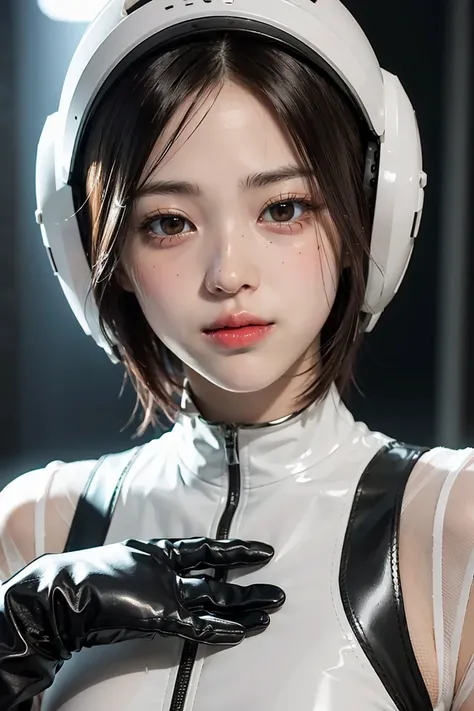 1 brunette beauty, (white) (one-piece tight latex suit), (spacesuit) ((spacehelmet))((white gloves), {{illustration}}, {extreme ...