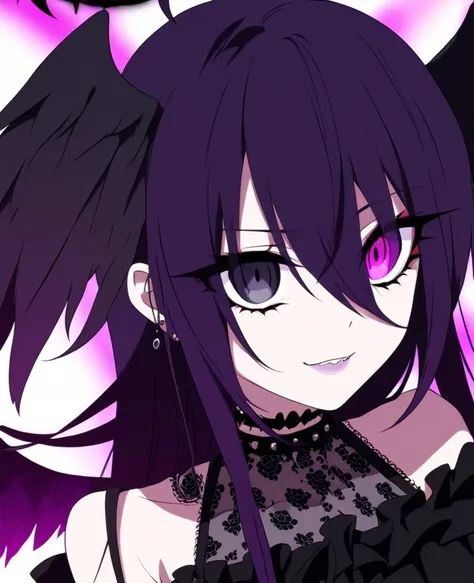 Make a girl with purple hair, black angel halo, heterochromic eyes, black angel wings, Vkei style, purple fire. Fallen angel. Visual Kei fashion. Schemo hair