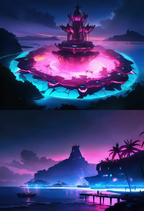 a tropical island, neon glow, bio-mechanical animals, bioluminescent fruits, island at night, coastal view, cinematic lighting, vibrant colors, futuristic, concept art, ultra-detailed, 8k, photorealistic, professional, masterpiece