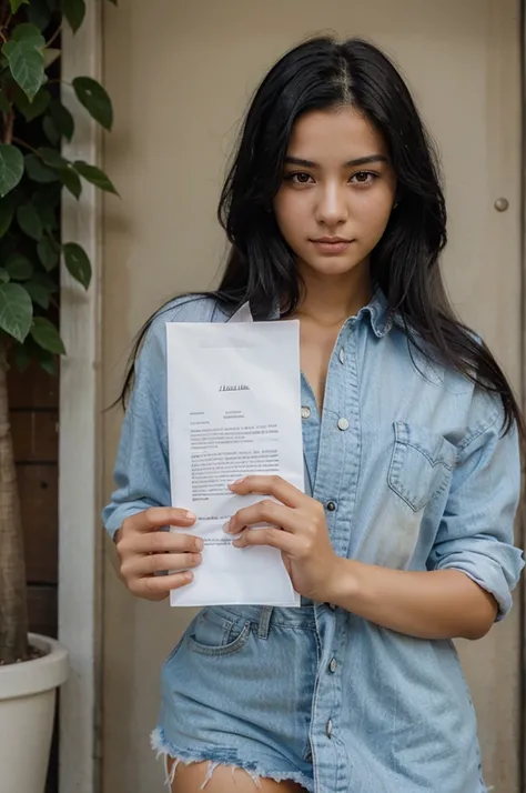 A beautiful woman with black hair and very fair skin, 20 years old, has a sheet of paper in her hand looking towards the camera