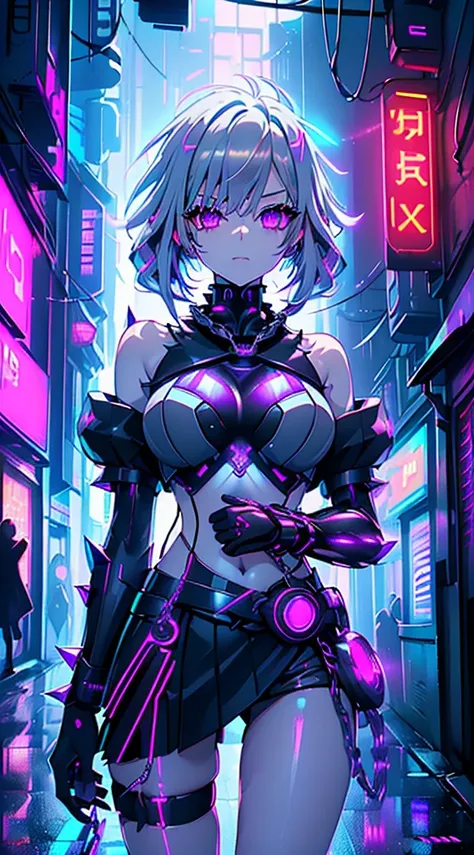 top-quality、top image quality、​masterpiece、android girl((sixteen years old 、broken, skinny , cybersuit glowing black, red and wh...