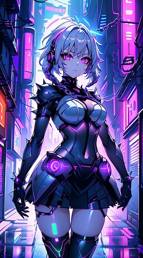 top-quality、top image quality、​masterpiece、android girl((sixteen years old 、broken, skinny , cybersuit glowing black, red and wh...