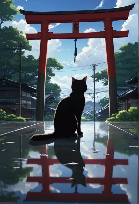 Makoto Shinkai taste, cloudy sky, reflection of light, black cat, after rain, love scene, healing scene, rainy day, hope, dark fantasy, light from the sky, single, red shrine, fantastic world, red temple, (cat ghost), myth, messenger of god, city of Kyoto ...