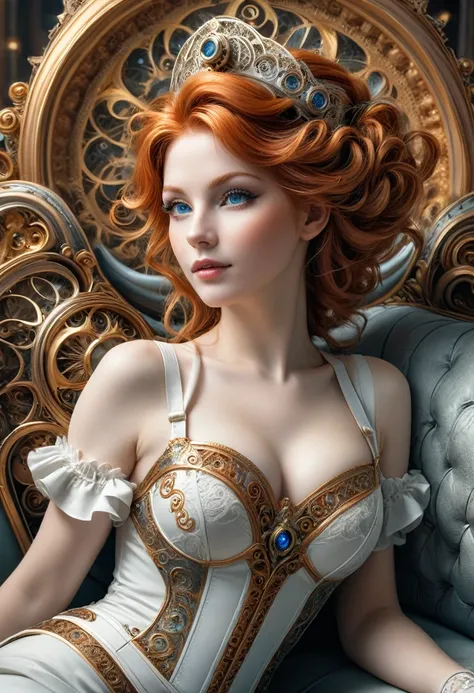 photo, 8k ((surréaliste)) statue dune sublime femme rousse Steampunk en marbre blanc alangui sur un sofa complexe, plan large, corps entier, souriante et radieuse, bustier étroit incrusté de fines dentelles techniques complexe fractal, bustier effet push-u...