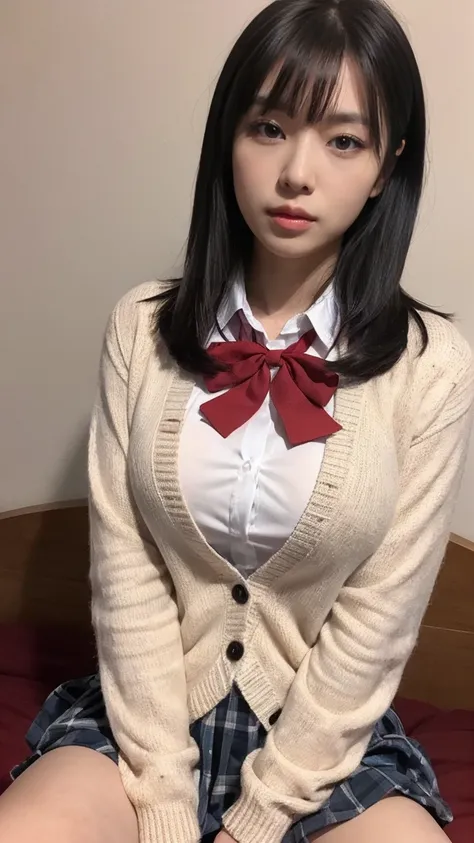 (((8k、High resolution、Highest quality、High resolution)))alone、Natural body shape、White skin、Natural Makeup、Black Hair、bangs、Straight Long Hair、、((High School Uniform)) 、((Beige cardigan、white collared long sleeve blouse))、((Red Plaid Pleated Skirt))、(red s...