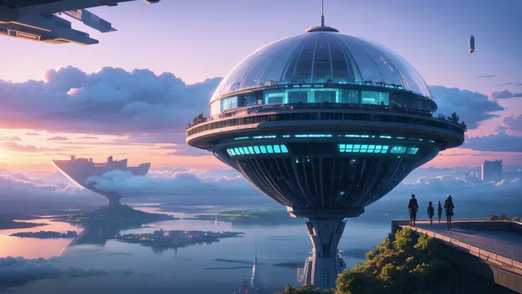 (Best quality,4K,8K,A high resolution,Masterpiece:1.2),Ultra-detailed,(Realistic,Photorealistic,photo-realistic:1.37),Futuristic floating city,Futuristic technology,Huge urban high-tech tablet platform,Airship,Floating in the sky,Futuristic city,Small airs...