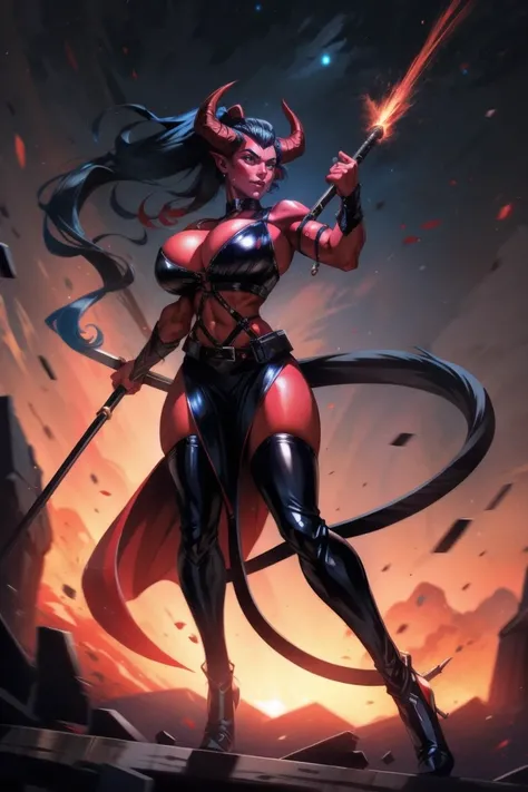 Red skin succubus tiefling, medium breasts, black horns, wings, huge tail, black leather, crop top, cleavage, long flowing pelvic curtain, tall, toned, graceful, thin, long black ponytail. Action scene, whip. Dark scene, explosions, night sky.