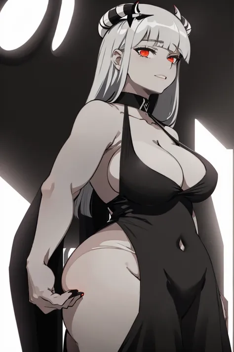 Girl, showing off her butt, hands on hip, smug, sexy, large breasts, big butt, anime, phalia, greyscale, demon girl, solo, red eyes, long hair, white horns, bangs, blunt bangs, hime cut, gray skin, cinematic, dehazed, atmospheric, low contrast, soft cinema...