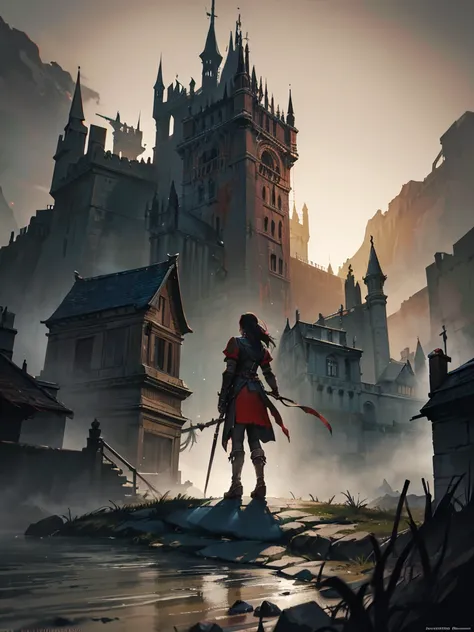 A woman standing in front of a castle with a sword, painted as a game concept art, inspired by Andreas Rocha, Andreas Rocha Style, Indie game concept art, Concept Art Wallpaper 4K, Art for the game, darkest dungeon art style, from the video game Vermintide...