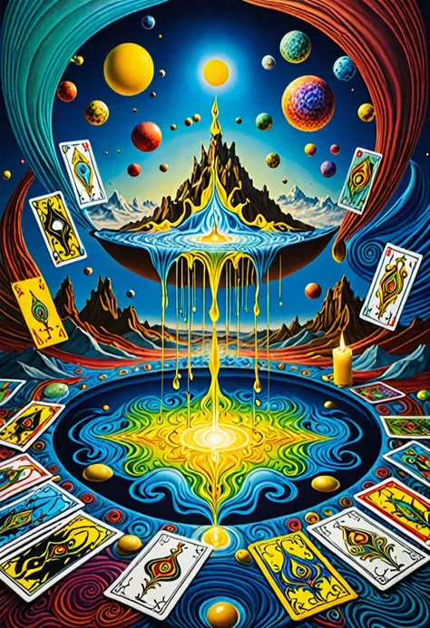 cartas do tarot  do arcanos do tarotdynamic lighting hyperdetailed intricately detailed Splash art trending on Artstation triadic colors Unreal Engine 5 volumetric lighting surrealism Salvador Dali matte background melting oil on canvas