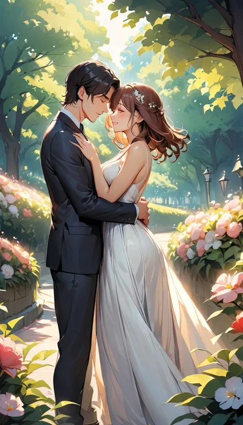 In a daytime park, a man and a woman are standing face to face with their foreheads touching, surrounded by a happy atmosphere. The man has short black hair and is wearing a black suit, appearing handsome. The woman has long brown hair and is wearing a whi...