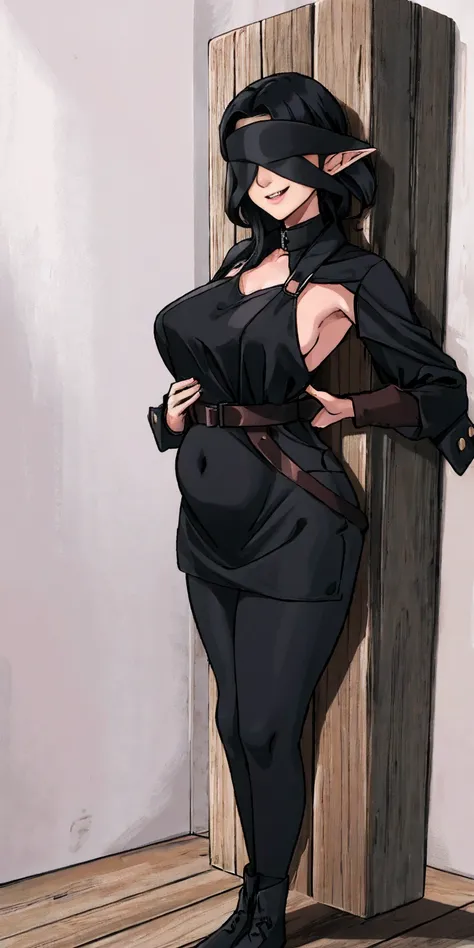 Appearance:
Race: Female Dark Elf
Skin: Dark
Eyes: Blindfolded
Expression: Smiling
Mouth: Closed
Body Type: Maternal
Chest: Large, covered with clothing
Pose:
Standing by a wooden pole, looking down at the viewer