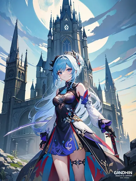 A woman standing in front of a castle with a sword, painted as a game concept art, Genshin impact art style