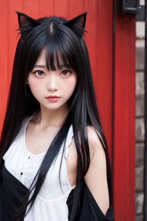 Long Black Hair、Red eyes、Cat Eyeature、With bangs、Fair skin、Black clothes