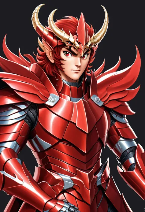 Man in red metallic armor, Cel animation style, The armor is decorated with dragon heads., Super beautiful image quality, Professional painter, Highest quality