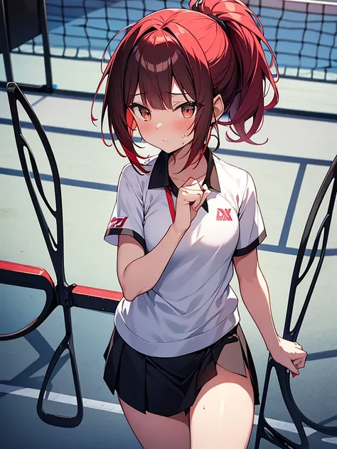 Anime drawing with vivid colors Tall woman:1.9 Cute pose Sweat White tennis wear Mini skirt Blushed cheeks Daytime:1.3 Tennis court Black short hair Ponytail:1.9 Straight hair, bangs swept to the side:1.9 Red hair tie, narrow eyes, brown eyes, tall, strong...