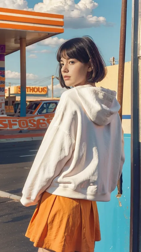 photo cinematic, photograph long shot portraits by Wes Anderson, cute 23 yo girl ,fokus, bokeh ,wear ((orange color oversized_hoodie)), wear ((purple tennis skirt)),looking front,Best Quality,Masterpiece,Ultra High Resolution,(Realisticity:1.4),Original Ph...