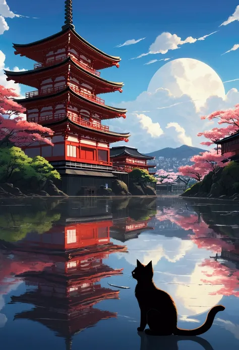 Makoto Shinkai taste, cloudy sky, reflection of light, black cat, after rain, love scene, healing scene, rainy day, hope, dark fantasy, light from the sky, single, red shrine, five-story pagoda in the back, fantastic world, red temple, (cat ghost), myth, m...