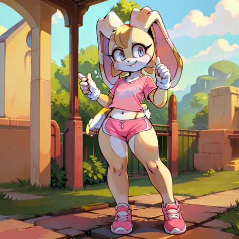 (masterpiece), ((perfect anatomy)), (high Res), (4k), (((cream the rabbit))), rabbit, ((blue eyes)), blonde hair, flat chest, wide hips, (((pink shirt))), (((pink shorts))), happy, (anime artstyle), (((solo))), narrow waist