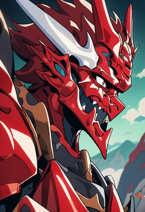 Man in red metallic armor, Cel animation style, The armor is decorated with dragon heads., Super beautiful image quality, Professional painter, Highest quality