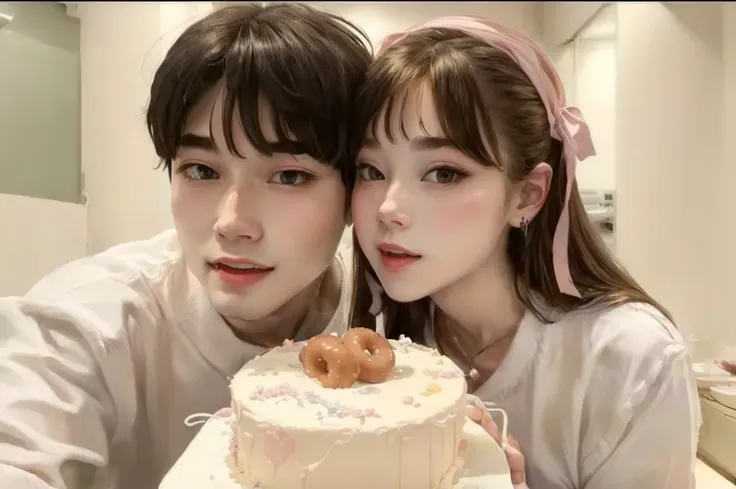 they are posing for a photo with a cake with two donuts., adorable couple, ulzzang, profile picture, couple pose, kim taehyung, ...