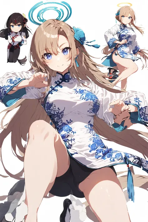 cheongsam，1girl，asuna，独奏，blue eyes，Long hair，Halo，Fighting Stance，Smile，ass pov，whole body，shoe，Very long hair，Chinese Kung Fu pose，Tai Chi，White background