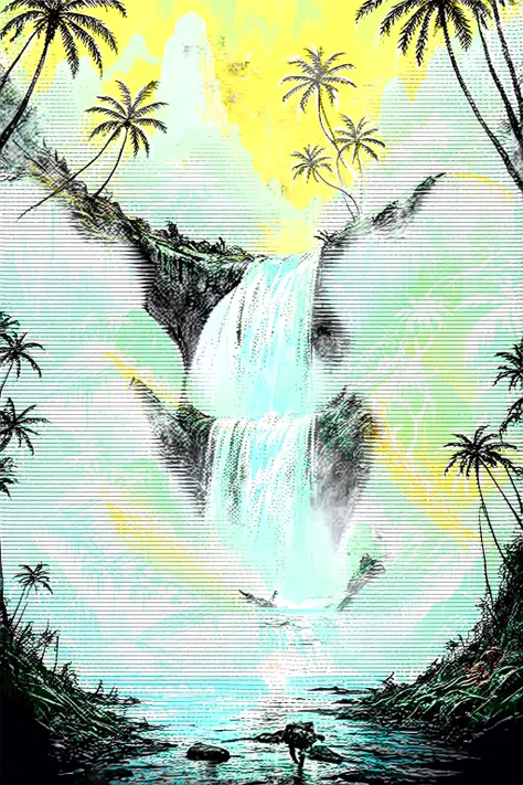 mysterious island, cinematic, image within image, multiple exposure, showcase island, over the shoulder, traversing path, tropical, rewilding, entropy, gritty, noir, 1990s, hand drawn, realism, traveling through jungle, waterfall, sense of adventure and da...