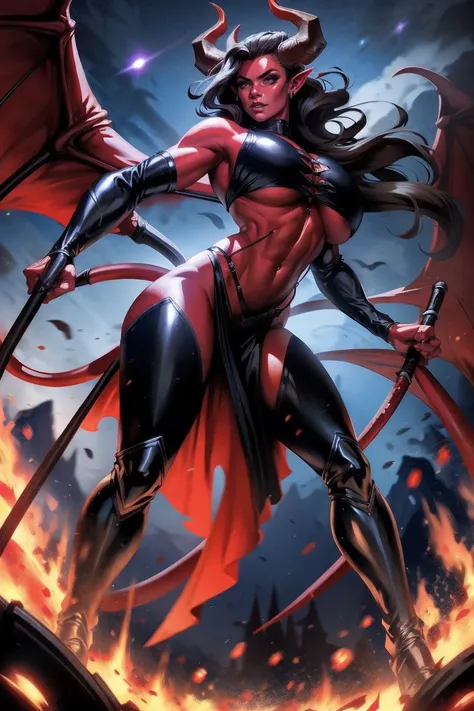 Red skin succubus tiefling, digitigrade legs, full breasts, medium breasts, black horns, wings, huge tail, black leather, crop top, long flowing pelvic curtain, tall, toned, graceful, thin, long black ponytail. Action scene, whip. Dark scene, explosions, n...