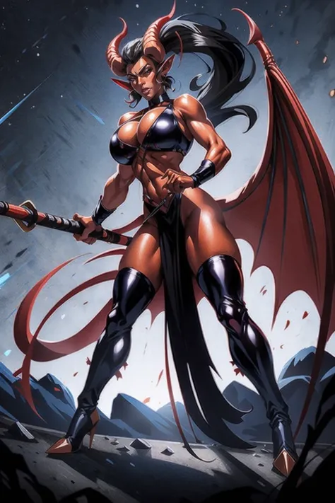 Red skin succubus tiefling, digitigrade legs, full breasts, medium breasts, black horns, wings, huge tail, black leather, crop top, cleavage, long flowing pelvic curtain, tall, toned, graceful, thin, long black ponytail. Action scene, whip. Dark scene, exp...