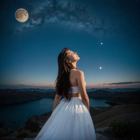 Girl looking up at the sky , posing with his back to the camera , Full-length perspective , astrological theme with moon background 