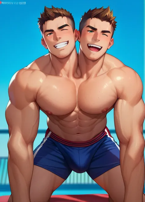 Two headed  school sports boy in doggy pose (18 year old), shirtless, two heads, conjoined twins, handsome, pleasure, stubble, smiling