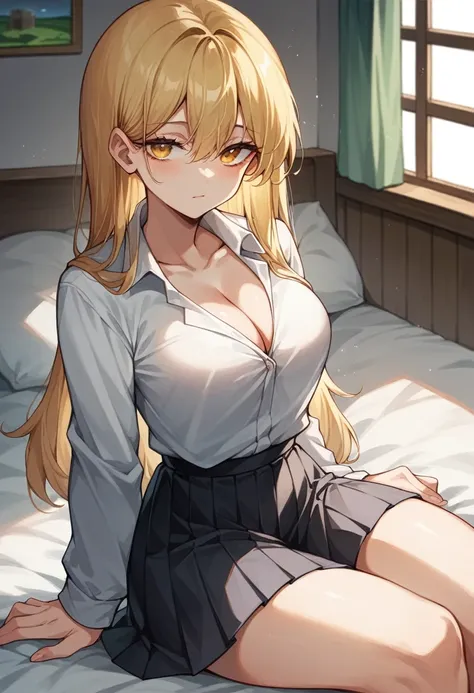 Minecraft Enderman Girl　Japanese　Golden silky straight hair　Wearing a shirt and a pleated skirt　The cleavage is visible　beautiful　Very tall　tall　Minecraft World　Sitting on the bed　Dark blonde　Black painted room　