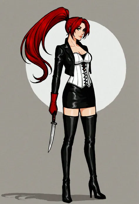 Rogue human woman, with red hair and black streaks, long high ponytail, white corset, black mini skirt, black thigh high boots, black jacket, holding a knife, full body
