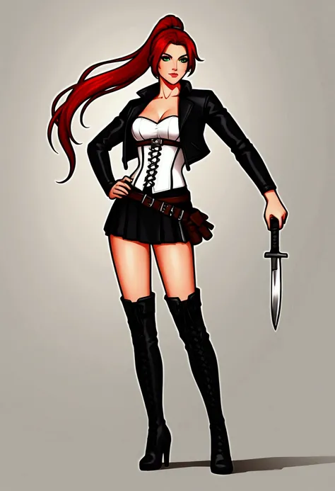 Rogue human woman, with red hair and black streaks, long high ponytail, white corset, black mini skirt, black thigh high boots, black jacket, holding a knife, full body
