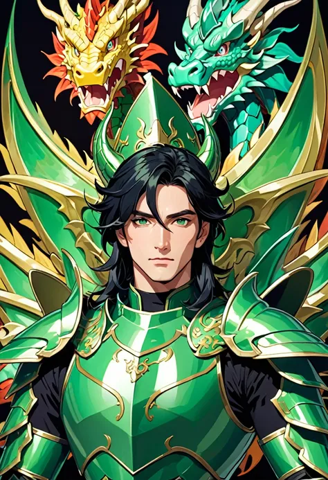 Man in green metallic armor, Cel animation style, The armor is decorated with dragon heads., I can see your real face, Man with long black hair, Super beautiful image quality, Professional painter, Highest quality