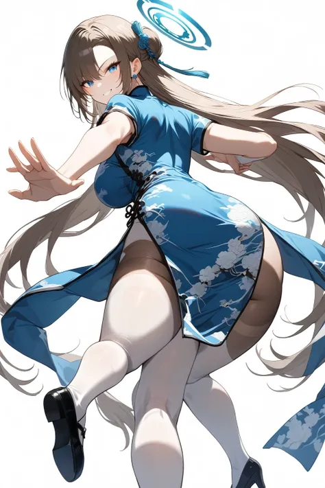 cheongsam,masterpiece，Highest quality，1girl，asuna，独奏，blue eyes，Long hair，Halo，Fighting Stance，Smile，ass pov，whole body，shoe，Very long hair，Chinese Kung Fu pose，Tai Chi，White background，