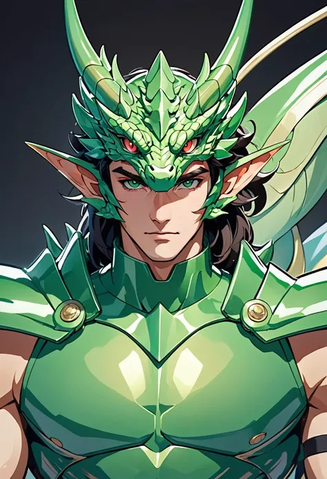 A man with a green metallic machine body, Cel animation style, The protector is designed with a dragon head shaped decoration., I can see your real face, Super beautiful image quality, Professional painter, Highest quality