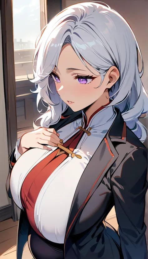 (masterpiece, best quality:1.2), illustration, 8k, hd, 1 girl, solitary, (((white hair, purple eyes, black coat,))) huge breasts...